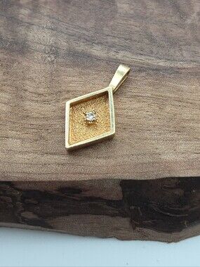 Vintage 14k Solid Yellow Gold Diamond Rhombus Pendant Charm Minimalist Dainty